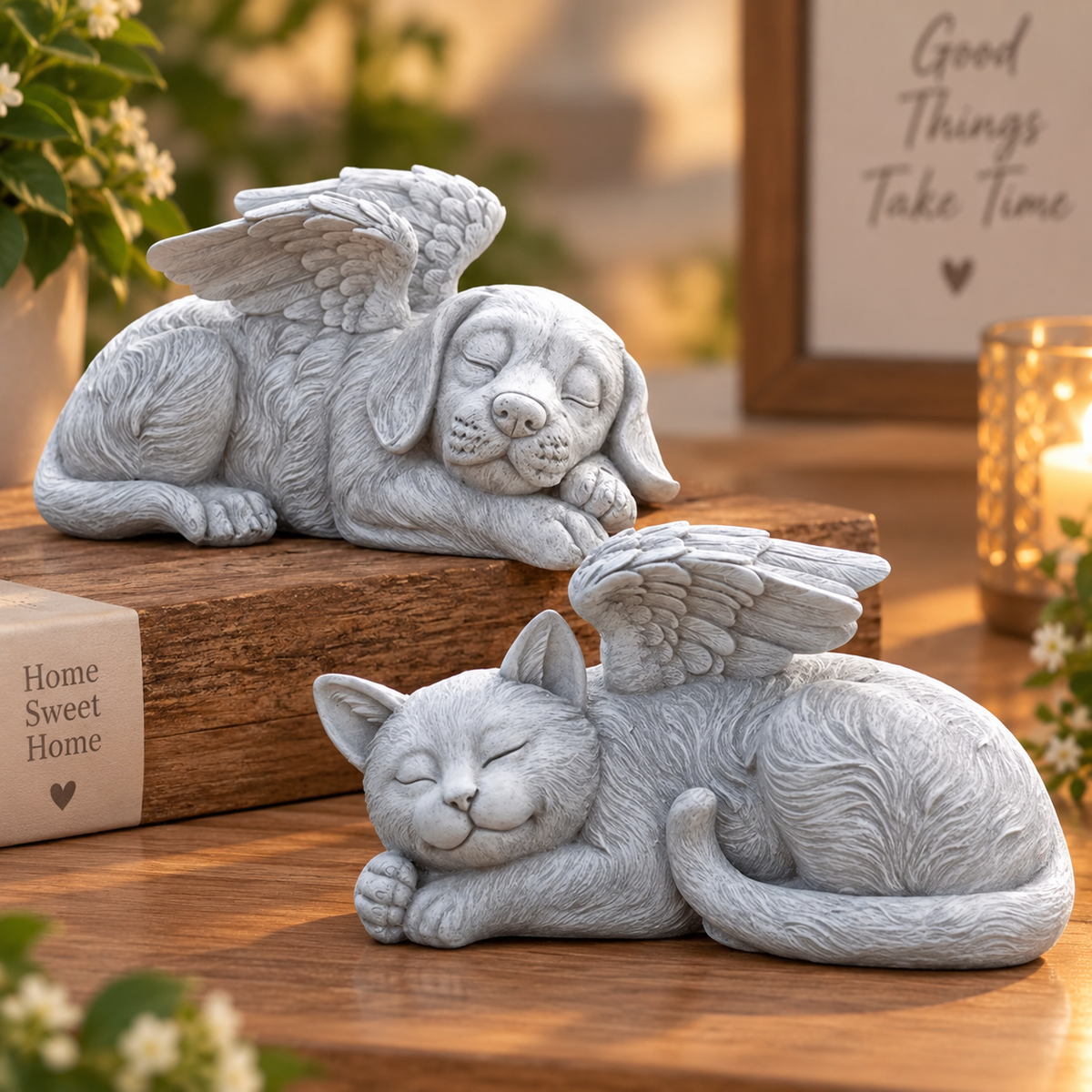 Sleeping Bunny Statue, Angel Rabbit Figurine, Garden Decor, Memorial Gift, Rustic Home Accent, Woodland Animal Sculpture, Easter Decor