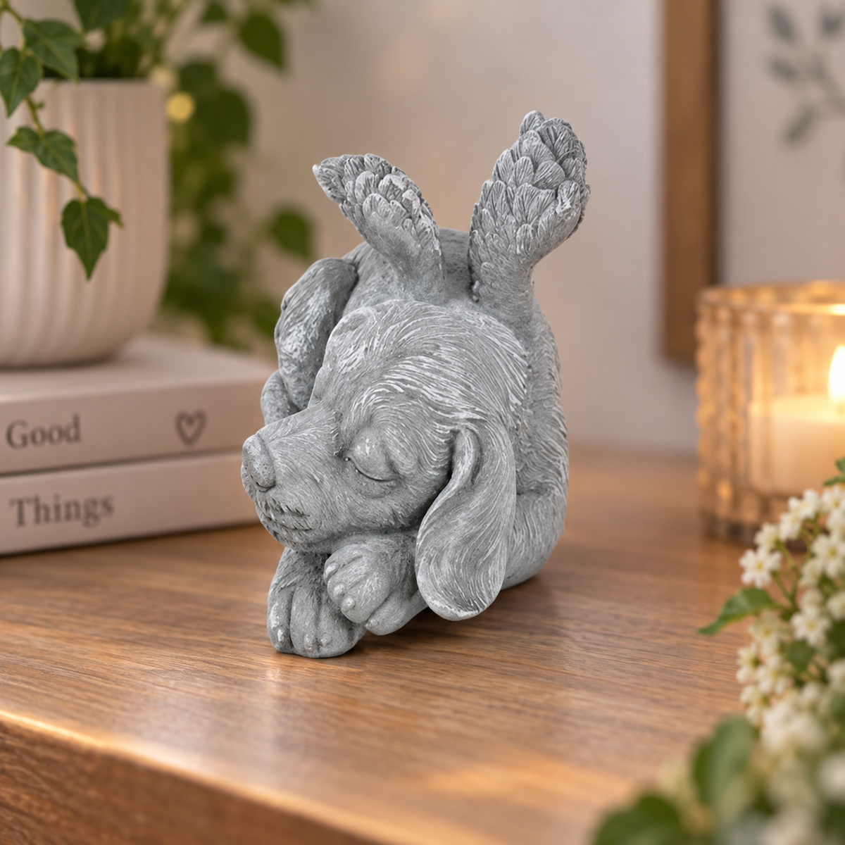 Sleeping Bunny Statue, Angel Rabbit Figurine, Garden Decor, Memorial Gift, Rustic Home Accent, Woodland Animal Sculpture, Easter Decor