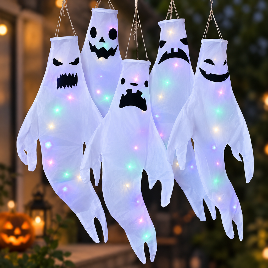 Halloween Ghost Lights, Hanging Lanterns, Outdoor Decor, Spooky Porch Decorations, LED Party Illumination, Haunted House Ornament