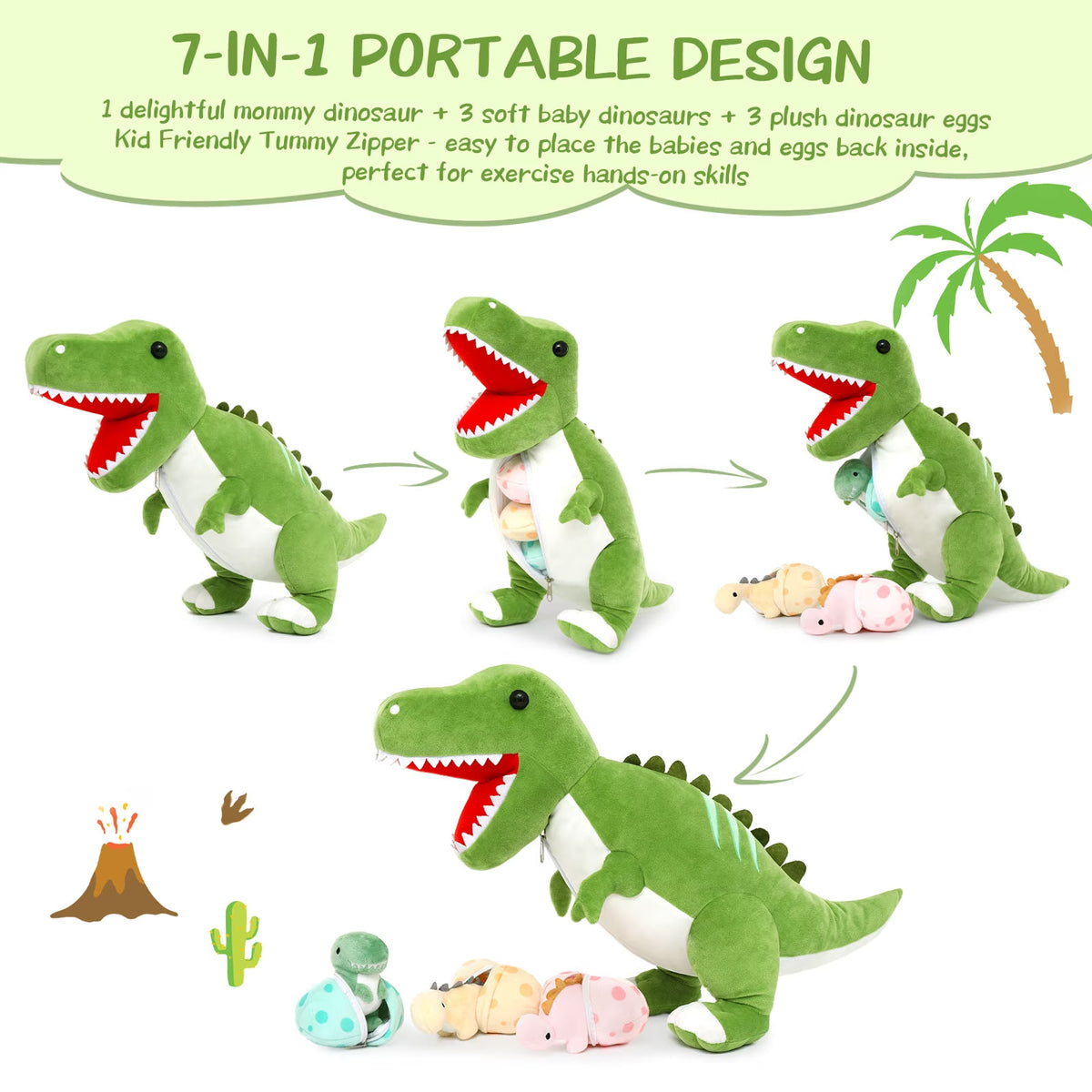 23.6" Green Dinosaur Stuffed Animal Mommy Dinosaur with 3 Baby Plush Toys