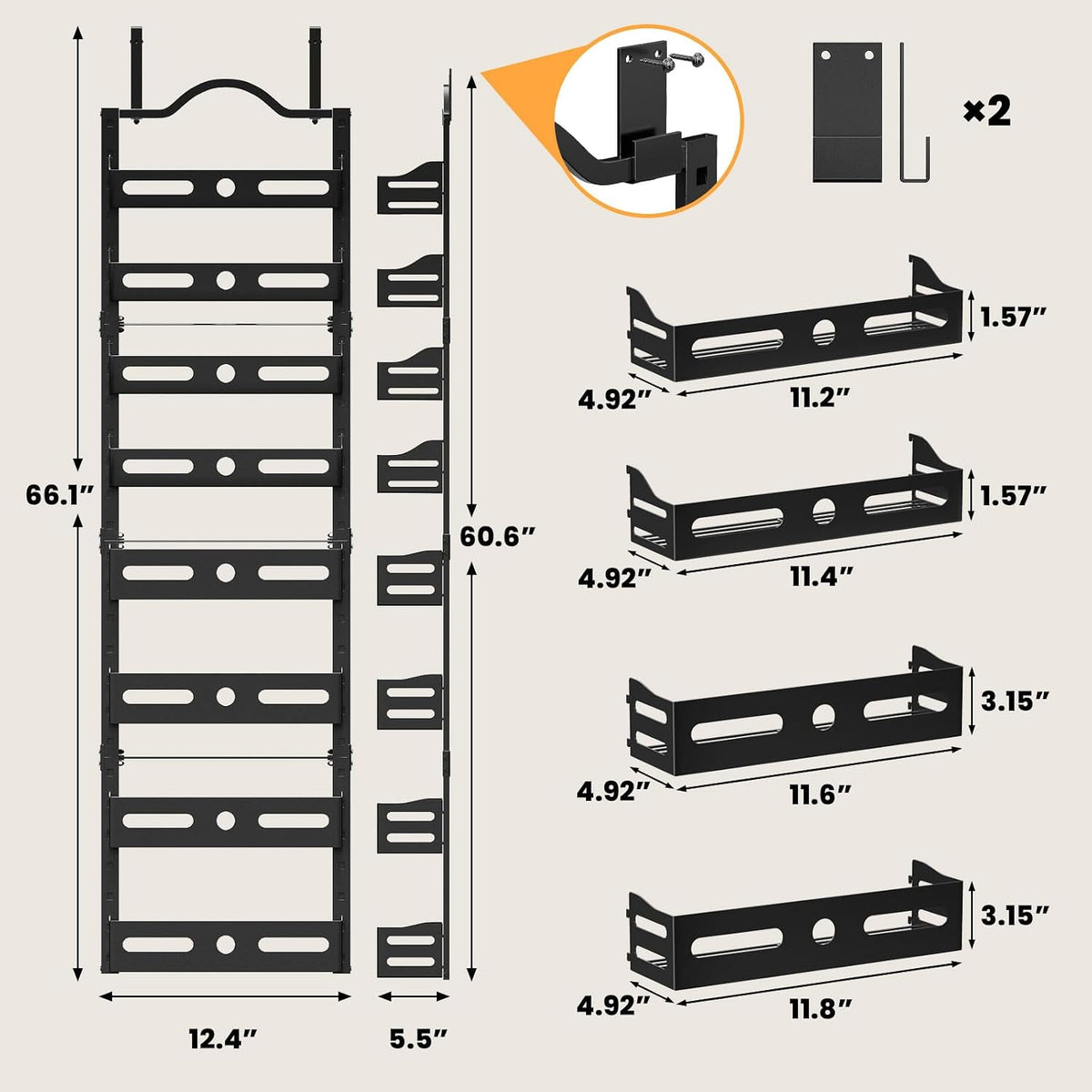 8-Tier Pantry Door Organizer, 2 in 1 Wall Mount or over the Door Pantry Organizer, Door Spice Rack with Adjustable Baskets, over Door Organizer for Kitchen (12.4"W X 5.5"D X 66.1"H,1 Pack, Black)