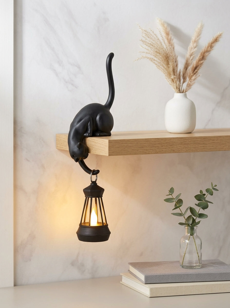 Cat Shelf Sitter Decor, Hanging Lantern Holder, Playful Feline Figurine, Rustic Home Accent, Whimsical Cat Lover Gift, Unique Housewarming
