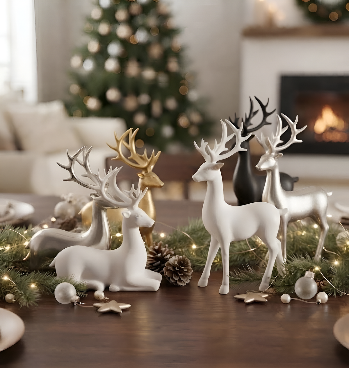 Christmas Deer Figurines, Reindeer Statue Set, Woodland Table Decor, Winter Mantel Ornament, Holiday Centerpiece, Rustic Home Accent Display