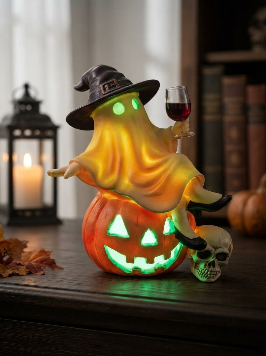 Halloween Witch Ghost Pumpkin Decor, Spooky Light Up Figurine, Gothic Table Centerpiece, Haunted House Decoration, Fall Party Gift
