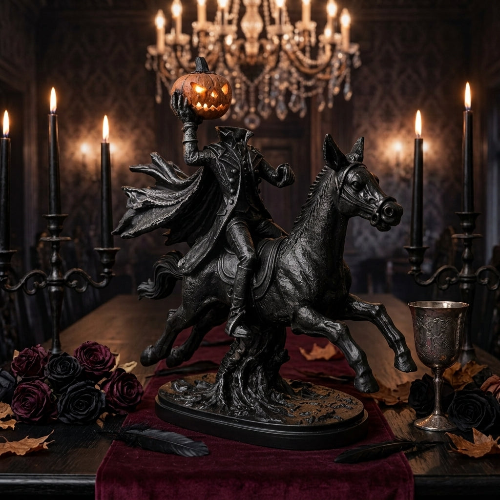 Headless Horseman Statue, Halloween Decor, Gothic Horse Figurine, Pumpkin Rider Sculpture, Haunted Home Accent, Spooky Mantel Display