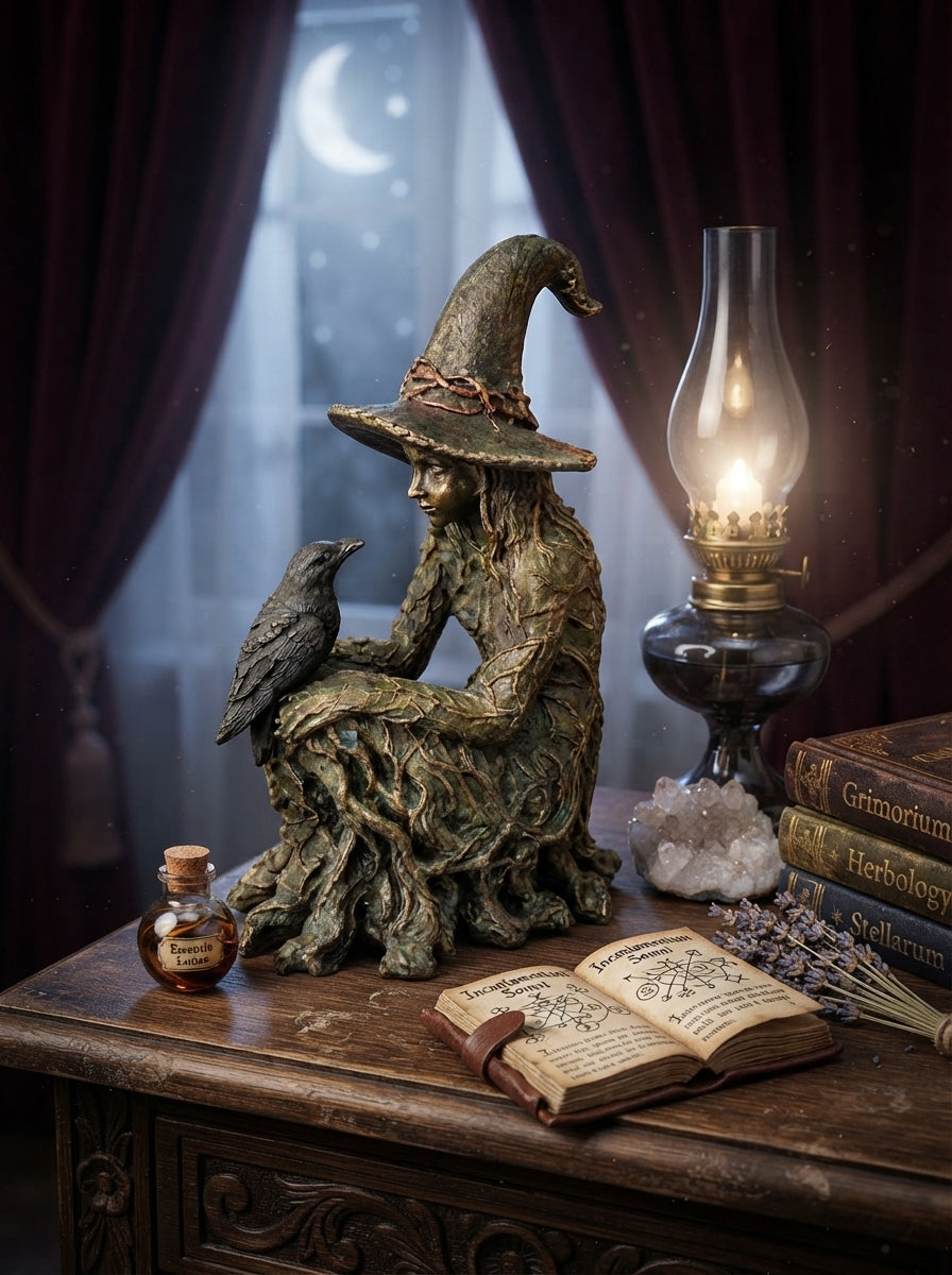 Witch Statue with Raven, Gothic Decor, Halloween Figurine, Witchy Home Accent, Occult Shelf Display, Dark Fantasy Gift for Her