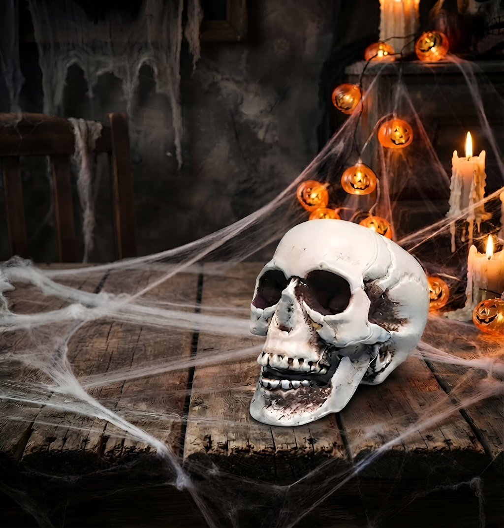Halloween Skull Decor, Gothic Skeleton Head, Spooky Tabletop Statue, Haunted House Accent, Macabre Party Display, Horror Gift