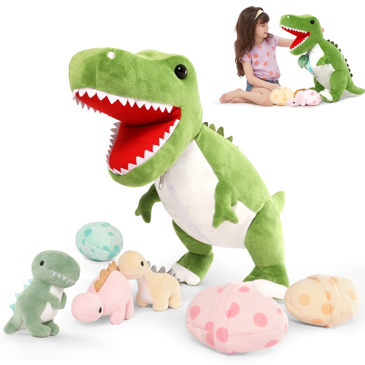 23.6" Green Dinosaur Stuffed Animal Mommy Dinosaur with 3 Baby Plush Toys