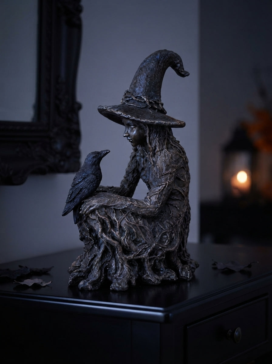 Witch Statue with Raven, Gothic Decor, Halloween Figurine, Witchy Home Accent, Occult Shelf Display, Dark Fantasy Gift for Her
