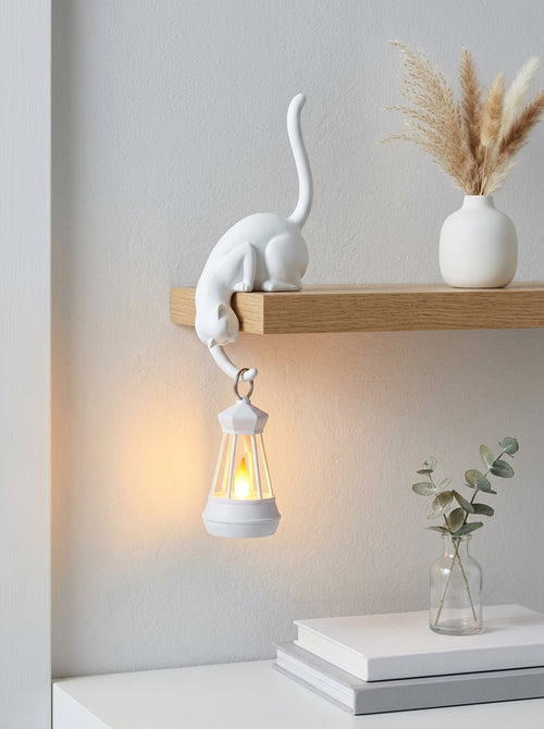 Cat Shelf Sitter Decor, Hanging Lantern Holder, Playful Feline Figurine, Rustic Home Accent, Whimsical Cat Lover Gift, Unique Housewarming