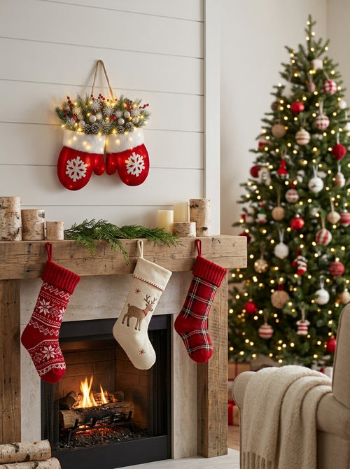 Christmas Stocking Set, Holiday Fireplace Decor, Nordic Knit Santa Socks, Red Plaid Reindeer Mantel Decoration, Cozy Winter Gift, Home Accent