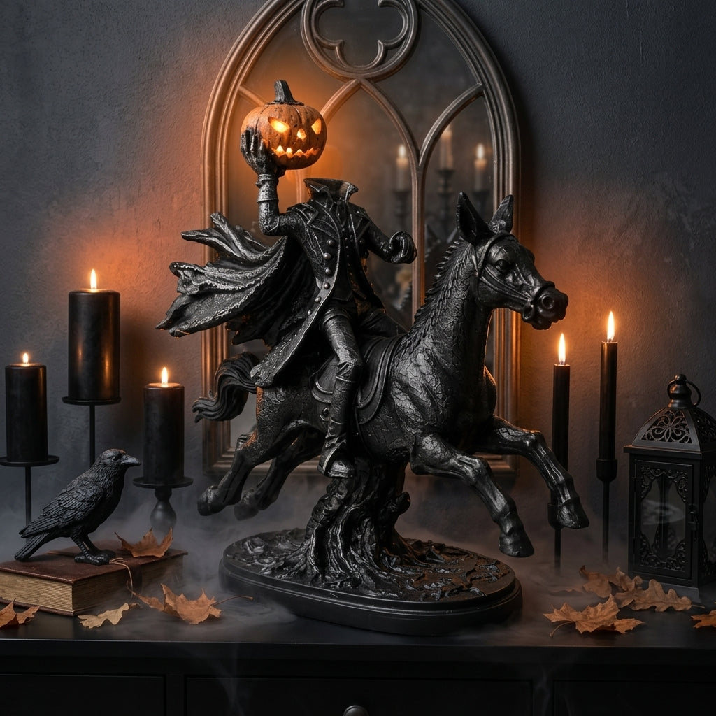 Headless Horseman Statue, Halloween Decor, Gothic Horse Figurine, Pumpkin Rider Sculpture, Haunted Home Accent, Spooky Mantel Display