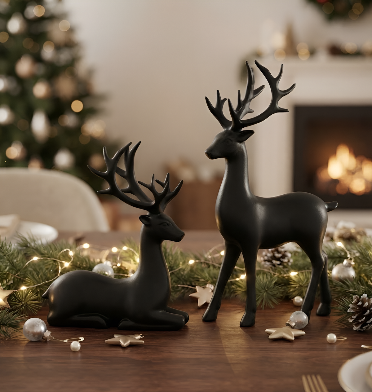 Christmas Deer Figurines, Reindeer Statue Set, Woodland Table Decor, Winter Mantel Ornament, Holiday Centerpiece, Rustic Home Accent Display