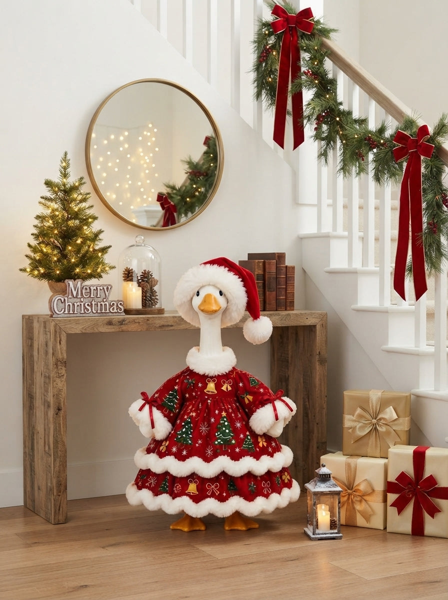 Christmas Goose Doll, Santa Hat Holiday Decor, Festive Table Centerpiece, Winter Farmhouse Display, Cute Seasonal Gift, Xmas Home Accent
