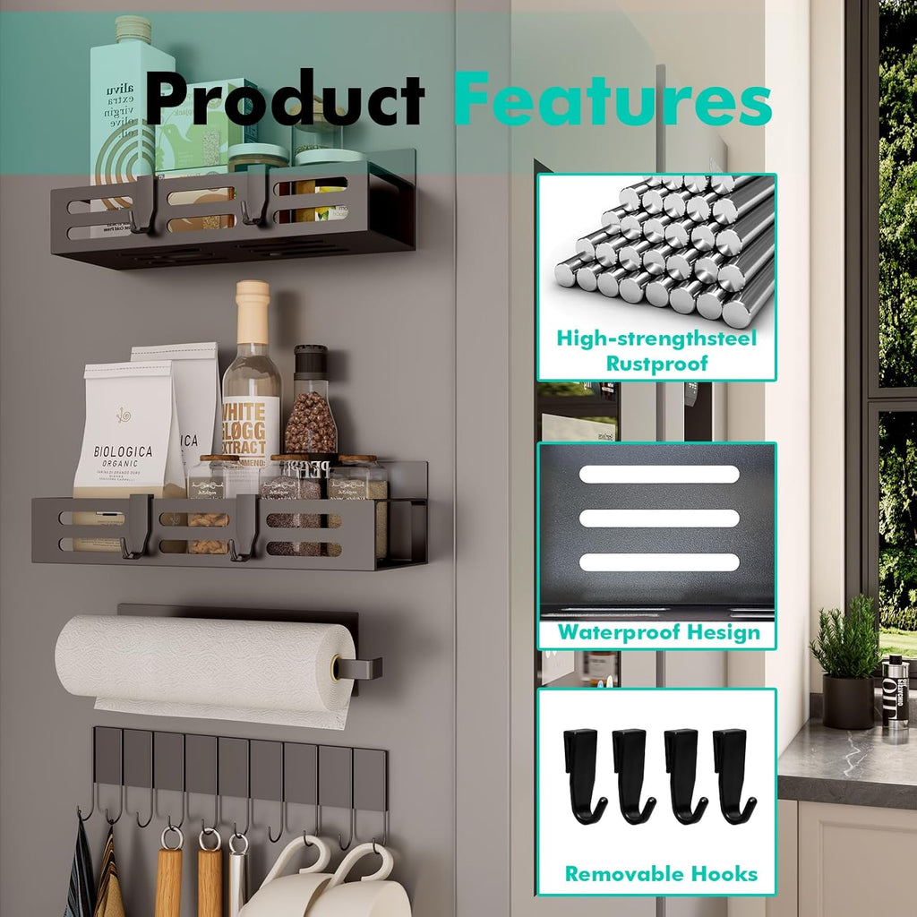 4 Pack Magnetic Spice Rack for Refrigerator with 4-Hook Rack and Paper Towel Holder, Black Magnetic Shelf and Fridge Kitchen Cabinet Organizers Storage Seasoning Organization Mini Shelves.