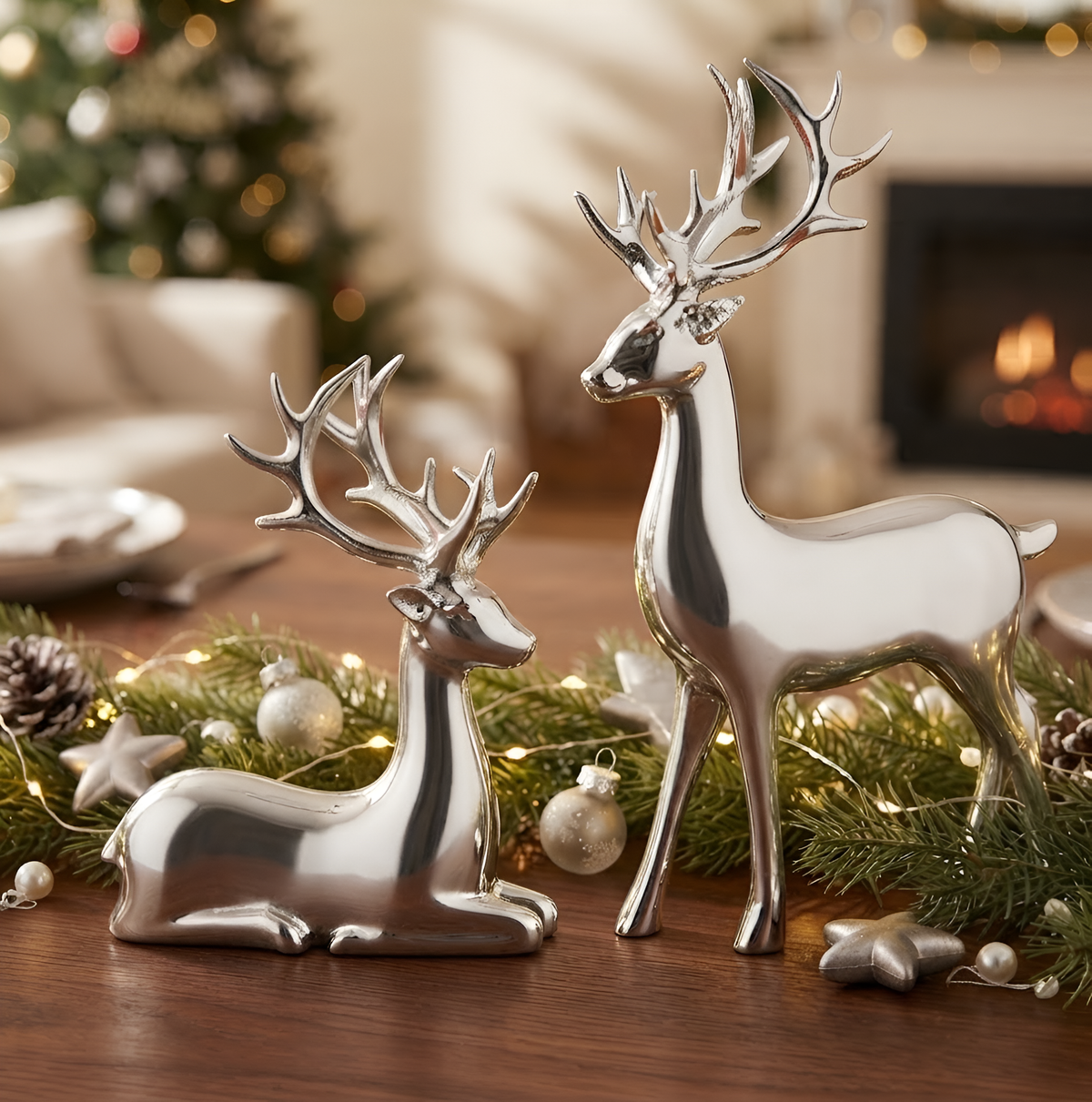Christmas Deer Figurines, Reindeer Statue Set, Woodland Table Decor, Winter Mantel Ornament, Holiday Centerpiece, Rustic Home Accent Display