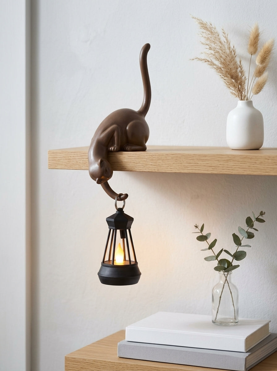 Cat Shelf Sitter Decor, Hanging Lantern Holder, Playful Feline Figurine, Rustic Home Accent, Whimsical Cat Lover Gift, Unique Housewarming
