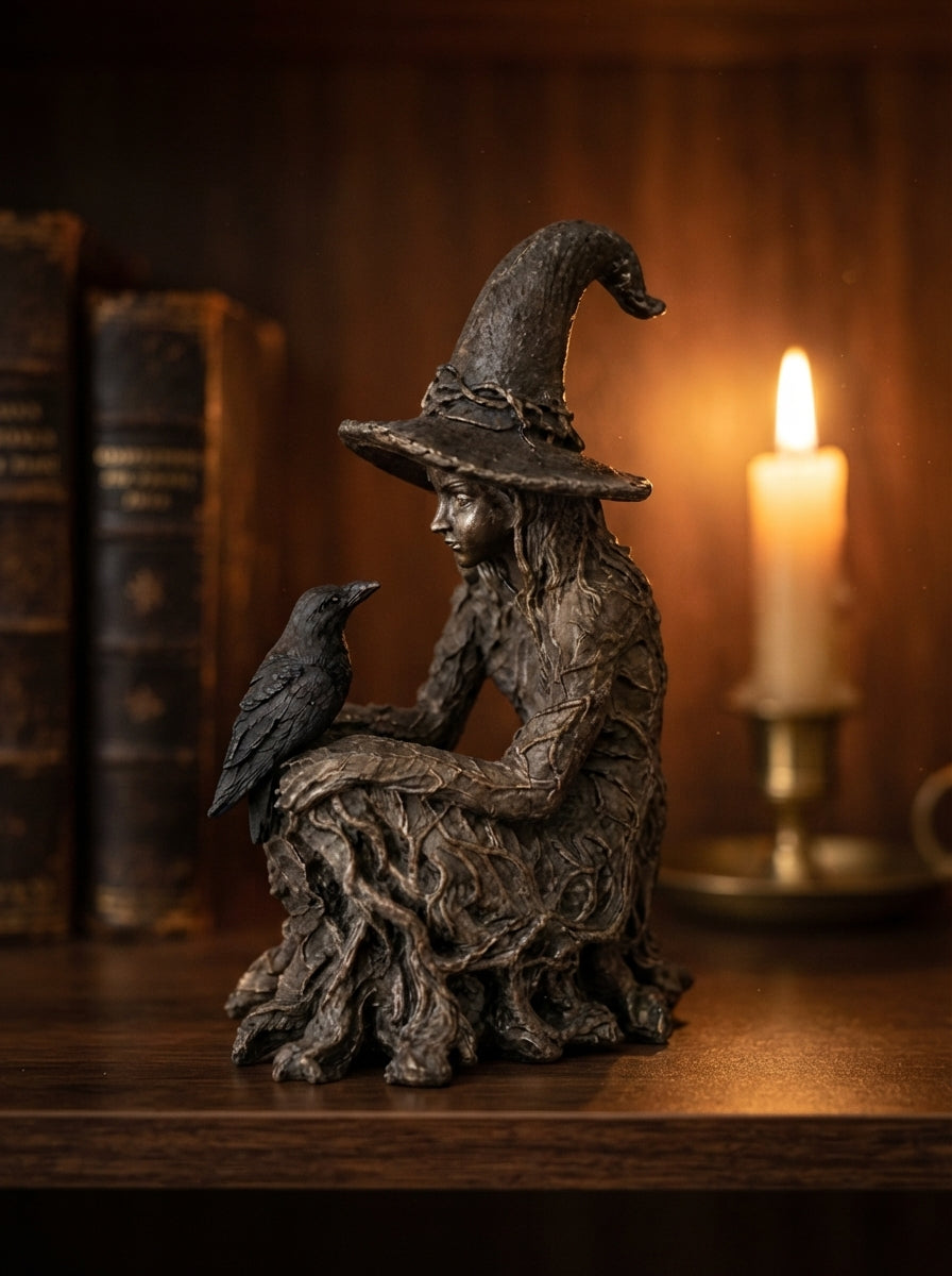 Witch Statue with Raven, Gothic Decor, Halloween Figurine, Witchy Home Accent, Occult Shelf Display, Dark Fantasy Gift for Her