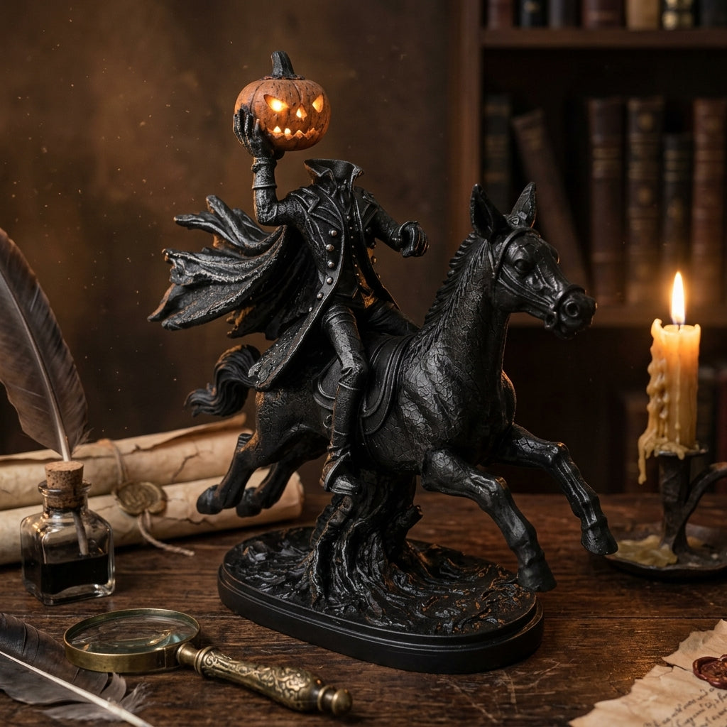 Headless Horseman Statue, Halloween Decor, Gothic Horse Figurine, Pumpkin Rider Sculpture, Haunted Home Accent, Spooky Mantel Display