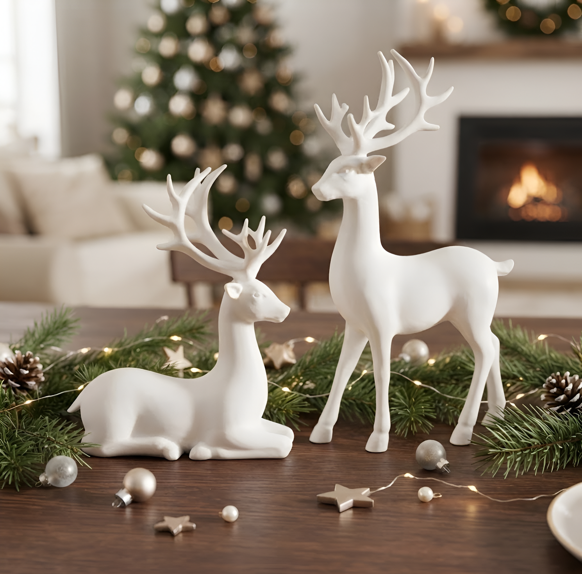 Christmas Deer Figurines, Reindeer Statue Set, Woodland Table Decor, Winter Mantel Ornament, Holiday Centerpiece, Rustic Home Accent Display