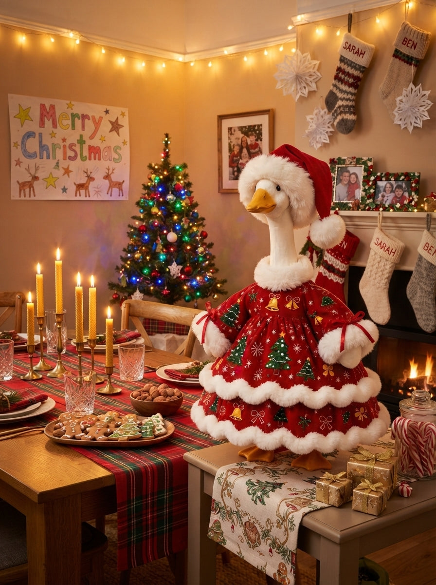 Christmas Goose Doll, Santa Hat Holiday Decor, Festive Table Centerpiece, Winter Farmhouse Display, Cute Seasonal Gift, Xmas Home Accent