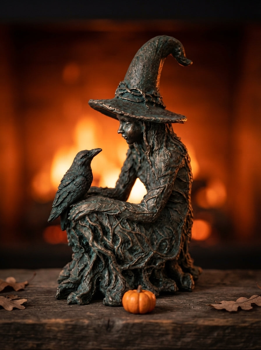 Witch Statue with Raven, Gothic Decor, Halloween Figurine, Witchy Home Accent, Occult Shelf Display, Dark Fantasy Gift for Her