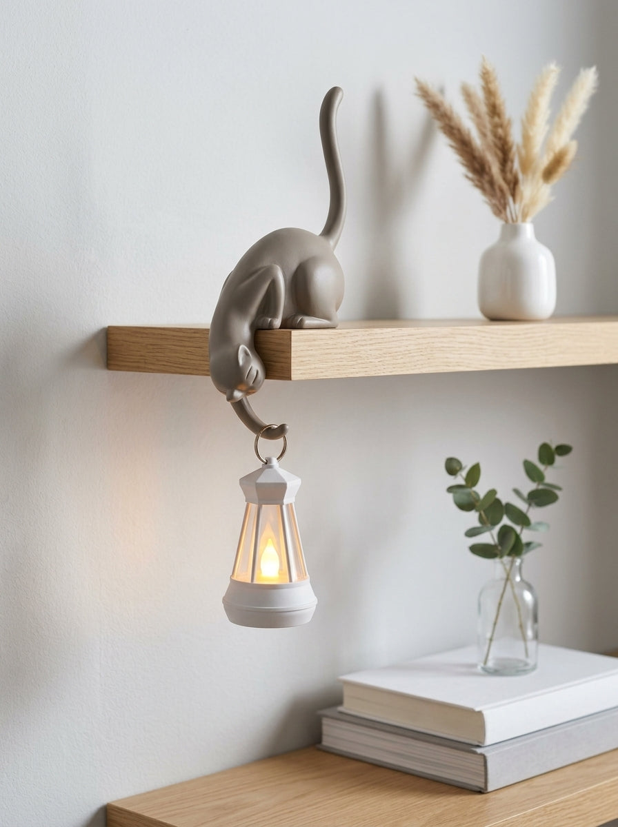 Cat Shelf Sitter Decor, Hanging Lantern Holder, Playful Feline Figurine, Rustic Home Accent, Whimsical Cat Lover Gift, Unique Housewarming