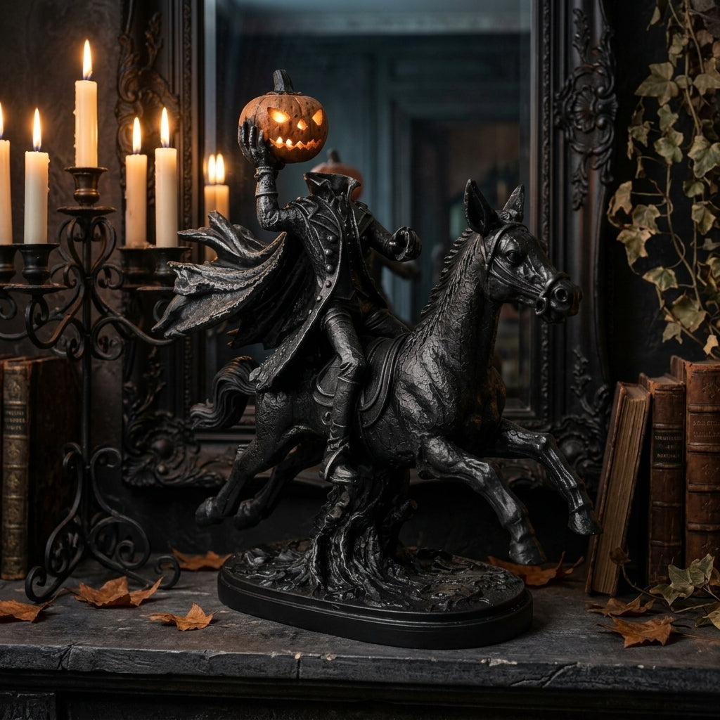 Headless Horseman Statue, Halloween Decor, Gothic Horse Figurine, Pumpkin Rider Sculpture, Haunted Home Accent, Spooky Mantel Display