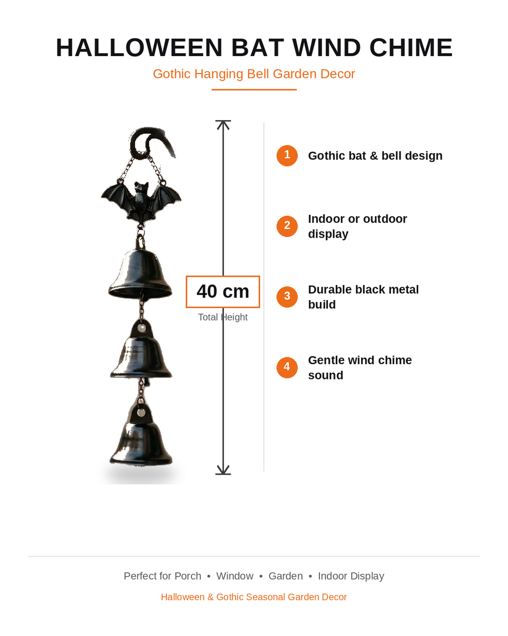 Gothic Bat Door Bell, Halloween Hanging Bells, Witchy Outdoor Decor, Spooky Porch Chime, Haunted House Garden Ornament, Autumn Gift