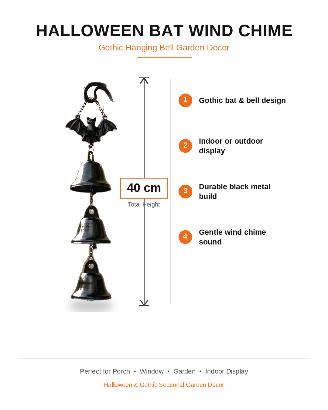 Gothic Bat Door Bell, Halloween Hanging Bells, Witchy Outdoor Decor, Spooky Porch Chime, Haunted House Garden Ornament, Autumn Gift