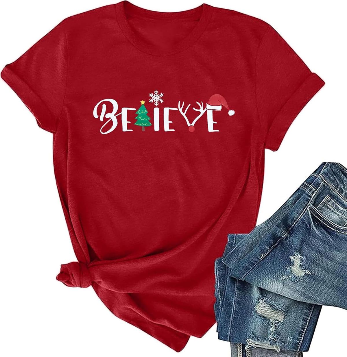 Christmas Believe Tree Shirt Cute Short Sleeve Christmas Outfits