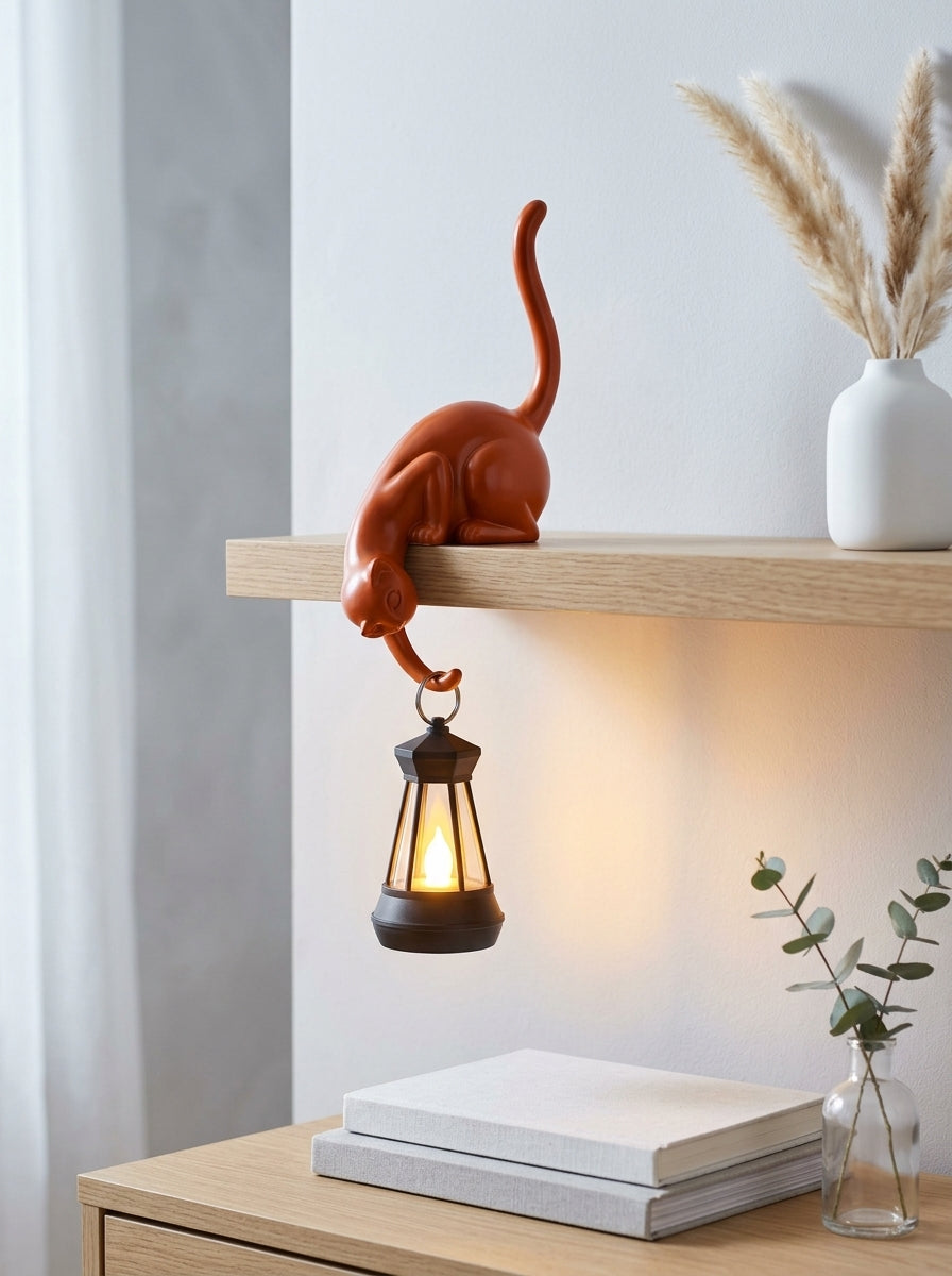 Cat Shelf Sitter Decor, Hanging Lantern Holder, Playful Feline Figurine, Rustic Home Accent, Whimsical Cat Lover Gift, Unique Housewarming