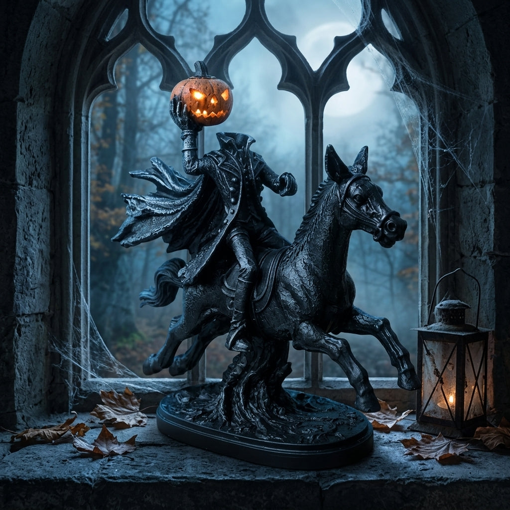 Headless Horseman Statue, Halloween Decor, Gothic Horse Figurine, Pumpkin Rider Sculpture, Haunted Home Accent, Spooky Mantel Display