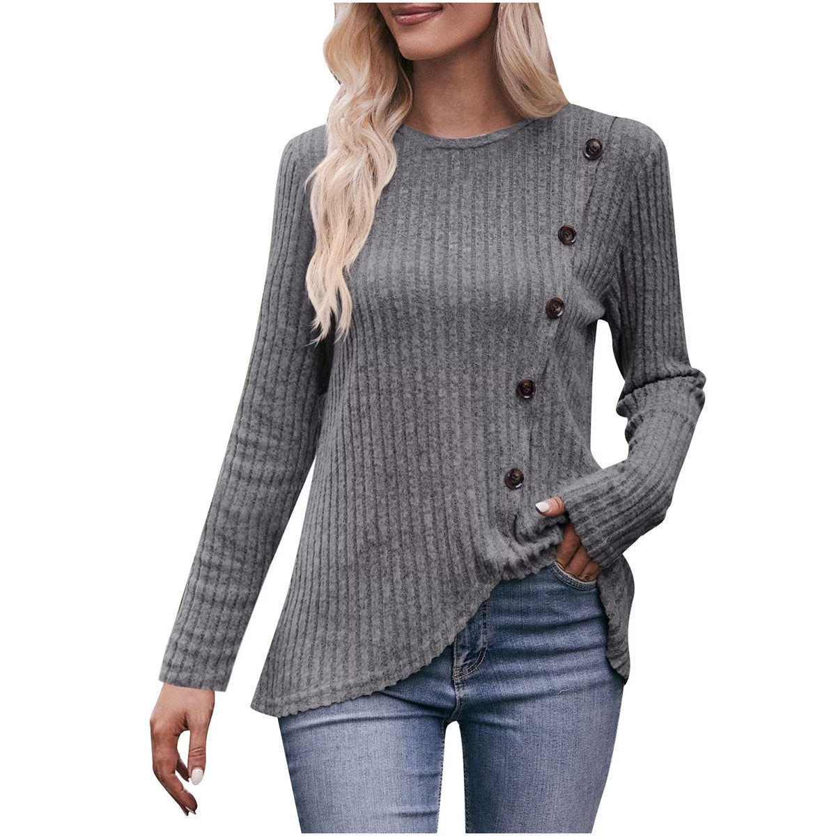 Long Sleeve Shirts for Women Knit round Neck Button Dressy Solid Color Sweater Blouse Autumn Lightweight Casual Tunic Tops Gray XXL