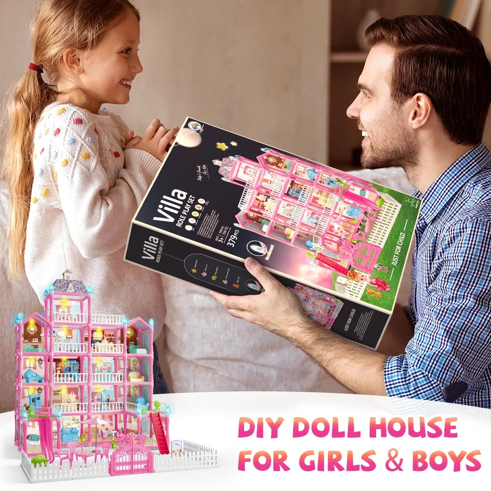 Doll House for Girls, 5-Story 19 Rooms Huge Dollhouse Playset with LED Lights, 2 Dolls, Furnitures, Accessories, DIY Pretend Play House Toys Gifts for Kids, Pink