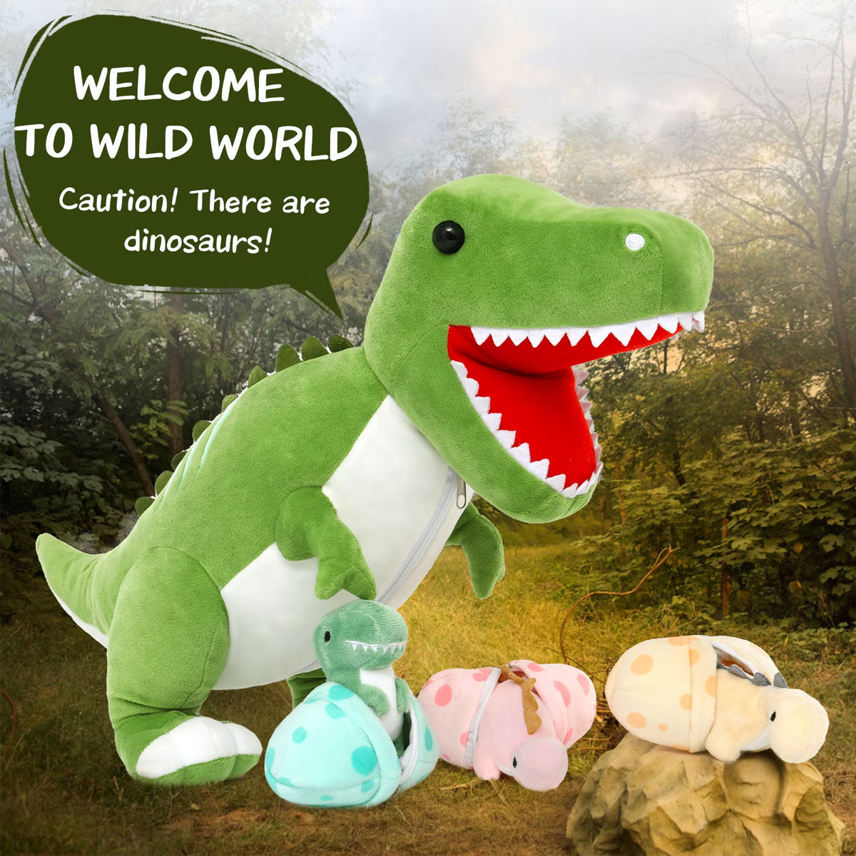 23.6" Green Dinosaur Stuffed Animal Mommy Dinosaur with 3 Baby Plush Toys