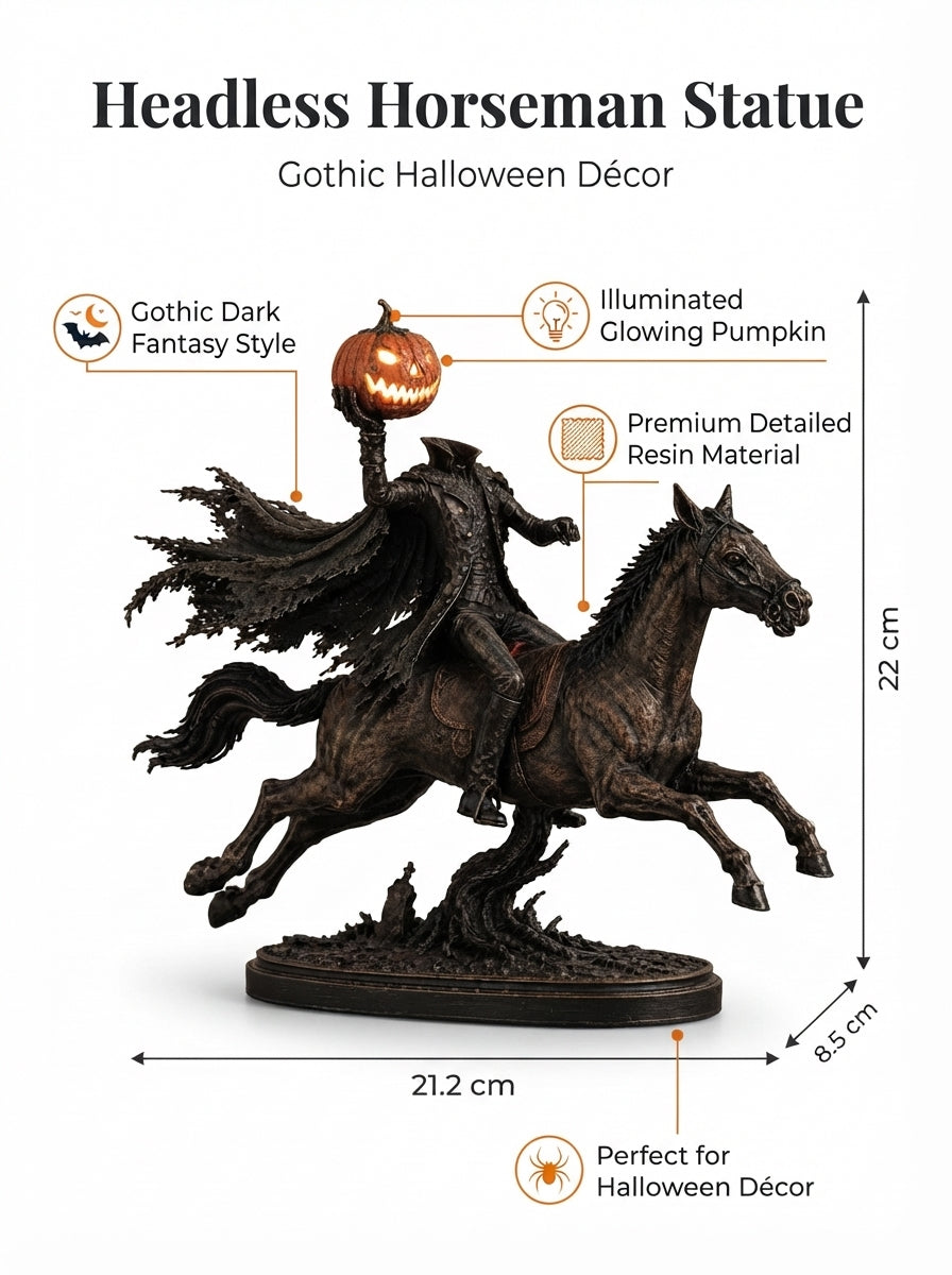 Headless Horseman Statue, Halloween Decor, Gothic Horse Figurine, Pumpkin Rider Sculpture, Haunted Home Accent, Spooky Mantel Display