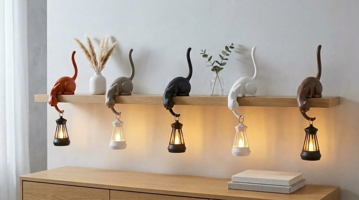 Cat Shelf Sitter Decor, Hanging Lantern Holder, Playful Feline Figurine, Rustic Home Accent, Whimsical Cat Lover Gift, Unique Housewarming