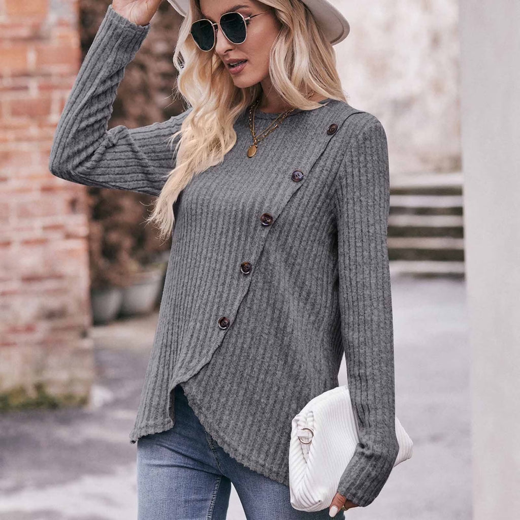 Long Sleeve Shirts for Women Knit round Neck Button Dressy Solid Color Sweater Blouse Autumn Lightweight Casual Tunic Tops Gray XXL