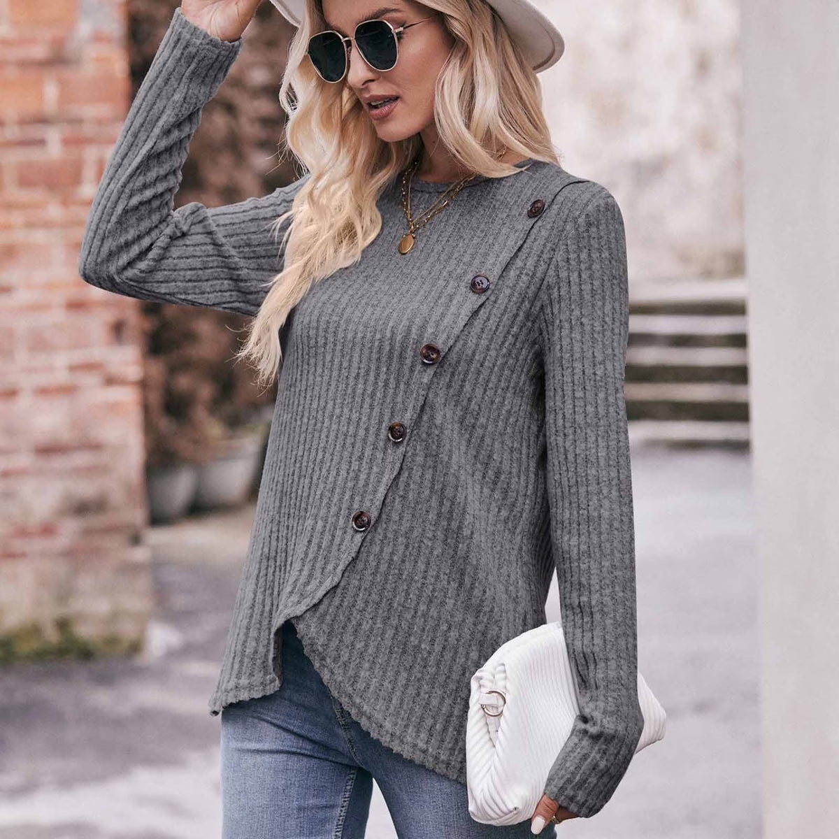 Long Sleeve Shirts for Women Knit round Neck Button Dressy Solid Color Sweater Blouse Autumn Lightweight Casual Tunic Tops Gray XXL