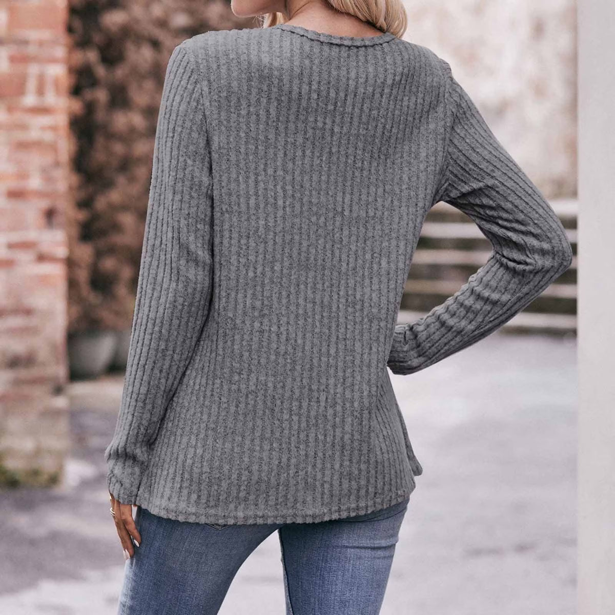 Long Sleeve Shirts for Women Knit round Neck Button Dressy Solid Color Sweater Blouse Autumn Lightweight Casual Tunic Tops Gray XXL