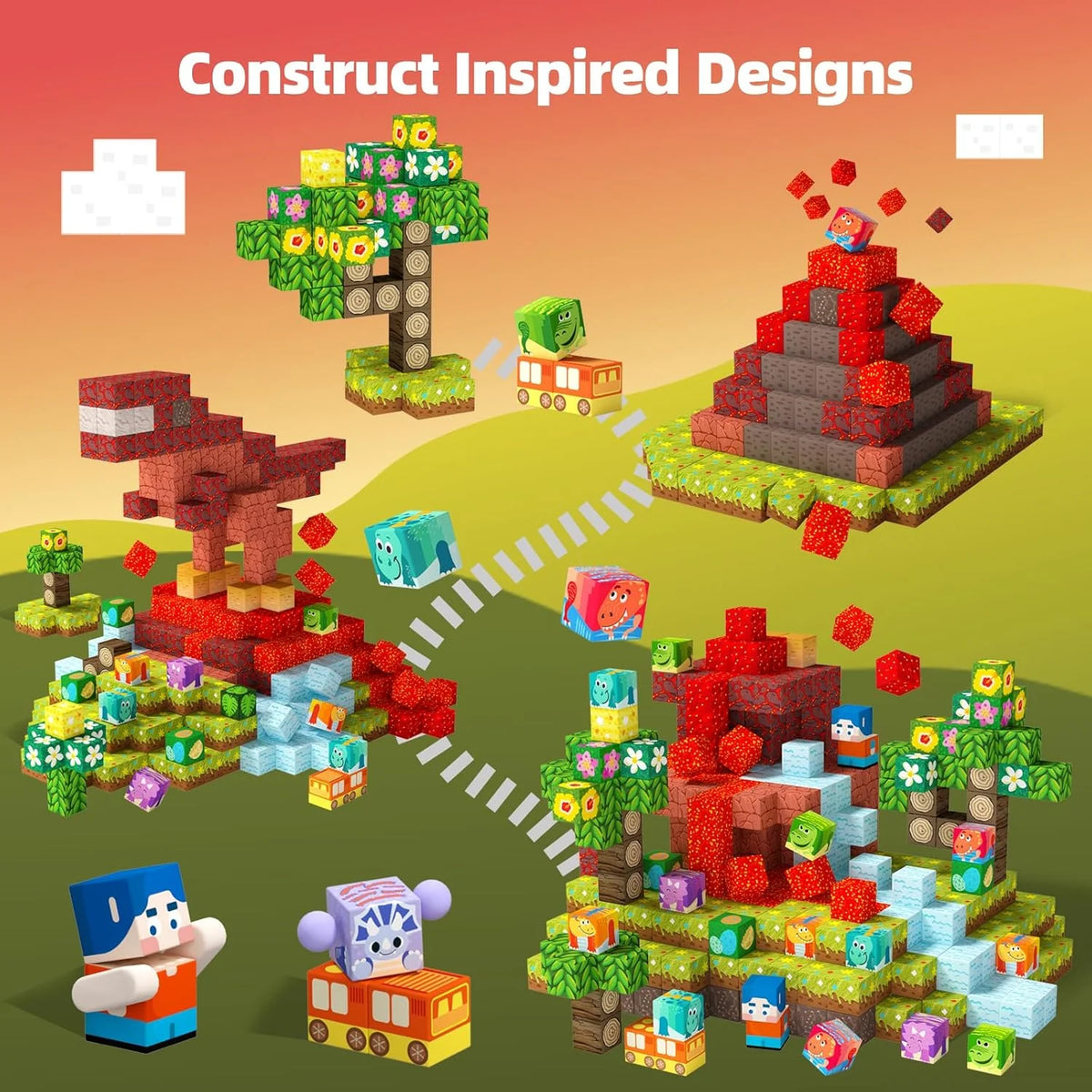 126PCS Magnetic Blocks Playset, Build Dinosaur Magwonder with Building Pretend Play Toys, STEM Montessori Travel Gift for Kids