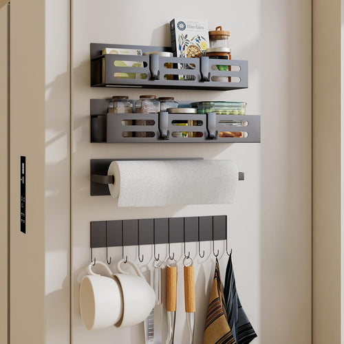4 Pack Magnetic Spice Rack for Refrigerator with 4-Hook Rack and Paper Towel Holder, Black Magnetic Shelf and Fridge Kitchen Cabinet Organizers Storage Seasoning Organization Mini Shelves.