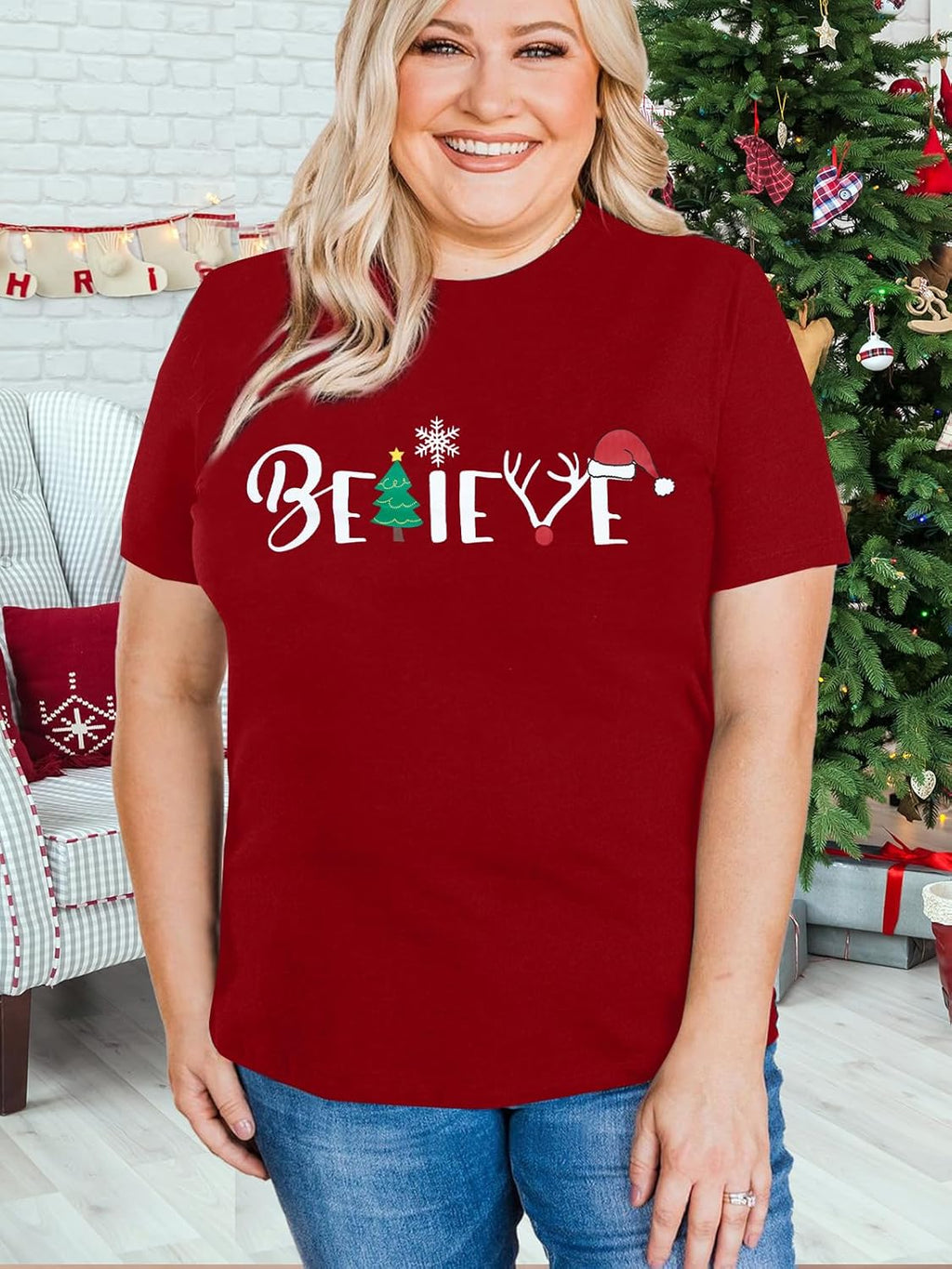 Christmas Believe Tree Shirt Cute Short Sleeve Christmas Outfits