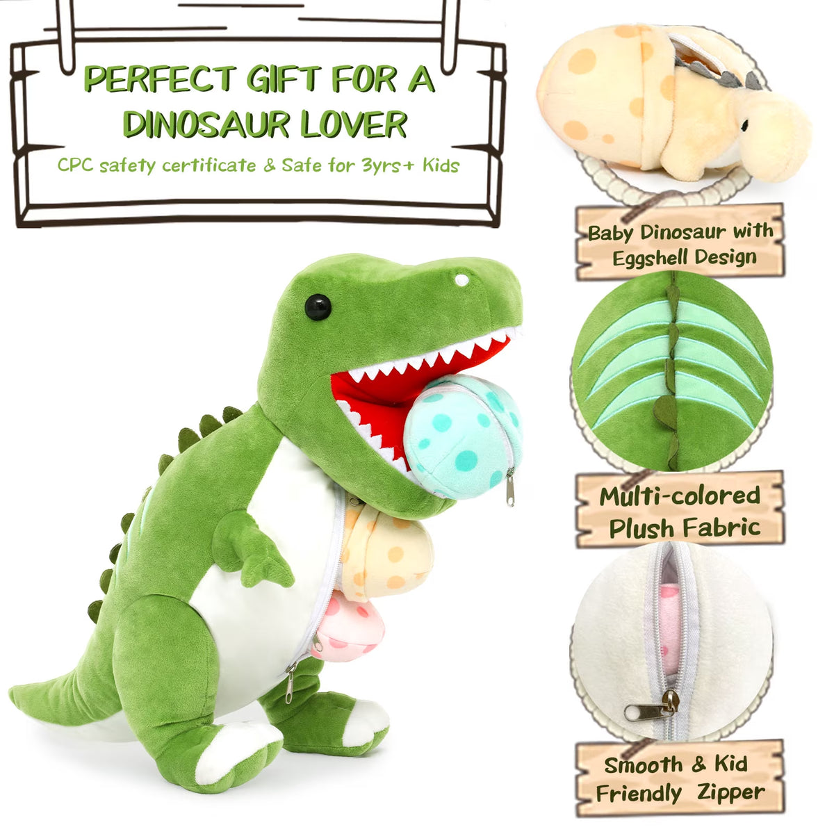 23.6" Green Dinosaur Stuffed Animal Mommy Dinosaur with 3 Baby Plush Toys