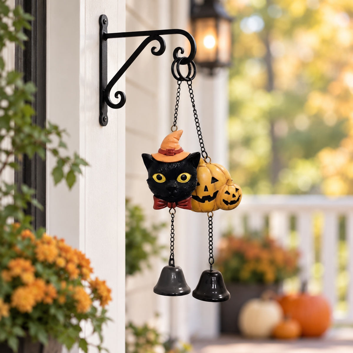 Black Cat Witch Wind Chime, Halloween Porch Decor, Spooky Garden Ornament, Gothic Outdoor Hanging, Autumn Door Accent, Gift for Halloween