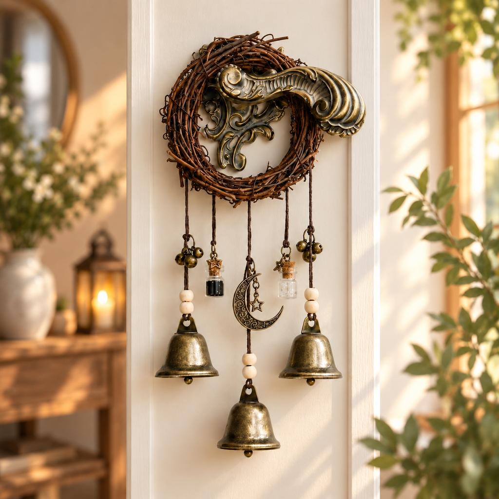 Rustic Moon Bell Wind Chime, Gothic Door Wreath Accent, Celestial Hanging Ornament, Boho Patio Feature, Housewarming Gift, Entryway Wall Art