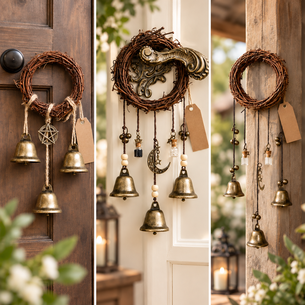 Rustic Moon Bell Wind Chime, Gothic Door Wreath Accent, Celestial Hanging Ornament, Boho Patio Feature, Housewarming Gift, Entryway Wall Art