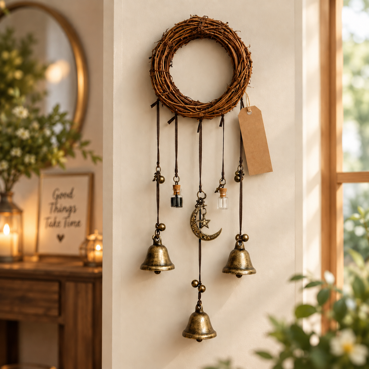 Rustic Moon Bell Wind Chime, Gothic Door Wreath Accent, Celestial Hanging Ornament, Boho Patio Feature, Housewarming Gift, Entryway Wall Art