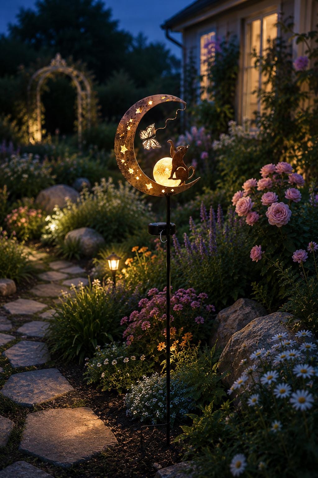 Solar Moon Garden Stake Light, Cat Crescent Moon Yard Decor, Outdoor Fairy Garden Light, Iron Pathway Light, Celestial Garden Gift